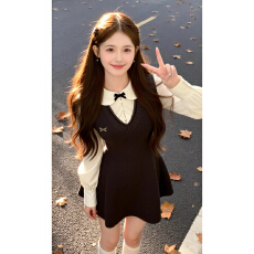 批发甜美蝴蝶结套装连衣裙女2026新款<b class='q'>娃娃领</b><b class='q'>衬衫</b>针织显瘦收腰约会穿搭