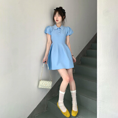 批发法式学院风polo领短袖<b class='q'>连衣裙</b>女夏季设计感收腰显瘦蓬蓬a字短裙子