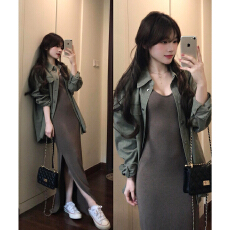 批发韩系咖色<b class='q'>连衣裙</b>女2026早春新款高级感收腰显瘦长裙衬衫穿搭一整套