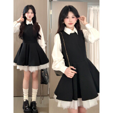 批发2026新款巨好看黑色背心衬衫<b class='q'>连衣裙</b>子女韩系穿搭一整套装短裙春季