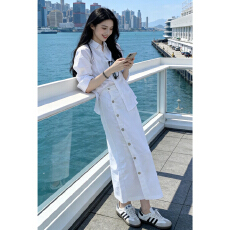 批发早春季2026新款<b class='q'>白色</b>衬衫连衣裙子女巨好看韩系穿搭一整套<b class='q'>长裙</b>套装
