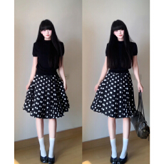 批发韩系复古黑色波点<b class='q'>连衣裙</b>子女2026新款早春季高知穿搭<b class='q'>百褶</b>裙一整套