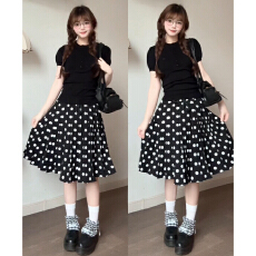 批发韩系复古黑色波点<b class='q'>连衣裙</b>子女2026新款早春季高知穿搭<b class='q'>百褶</b>裙一整套