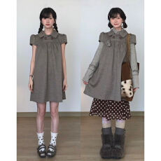 批发日系复古格纹翻领连衣裙子女夏季2026新款气质宽松显瘦超好看短裙