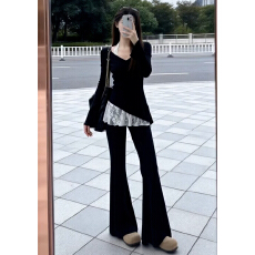 批发韩系巨好看穿搭一整套早春季2026新款黑色长袖上衣女<b class='q'>裤</b>子两件套装