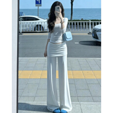 批发韩系<b class='q'>气质</b>一整套ootd穿搭夏季2026新款白色长袖上衣阔腿长<b class='q'>裤</b>两件套