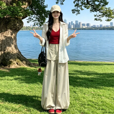 批发巨好看ootd穿搭一整套2026新款防晒衬衫挂脖背心女夏季阔腿裤套装