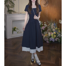 批发法式独特漂亮蓝色波点连衣裙子女夏季2026新款绝美不撞款掐腰<b class='q'>长裙</b>