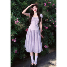 批发法式芭蕾风紫色波点<b class='q'>连衣裙</b>子女夏季2026新款泡泡袖上衣<b class='q'>花苞</b>裙套装