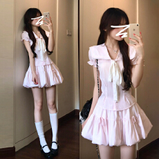 批发韩系学院风蝴蝶结粉色<b class='q'>连衣裙</b>子女2026新款夏季套装裙甜美<b class='q'>花苞</b>短裙