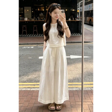 批发法式气质ootd穿搭一整套<b class='q'>装</b>女2026新款白色无袖上衣阔腿长<b class='q'>裤</b>两件套