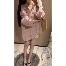 批发韩系漂亮粉色防晒长袖衬衫外套<b class='q'>女</b>夏季宽松慵懒风外搭薄款开衫上衣