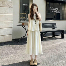 批发2026新款法式清纯白月光无袖连衣裙子女初夏季小个子杏色长裙<b class='q'>套装</b>