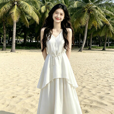 批发法式度假白色方领背心<b class='q'>连衣裙</b>子女夏季2026新款巨好看绝美气质长裙