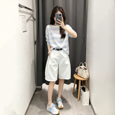 批发巨好看ootd穿搭2026新款蓝白条纹t恤女夏季休闲宽松短<b class='q'>裤</b>两件套<b class='q'>装</b>