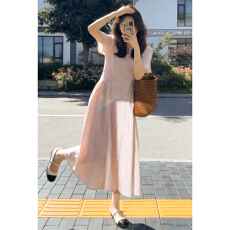 批发2026新款法式温柔风粉色短袖连衣裙子女<b class='q'>夏</b>季气质仙女a字收腰长裙
