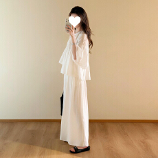 批发韩系松弛感穿搭一整系带<b class='q'>娃娃衫</b>套装女夏垂感阔腿裤仙女白色两件套