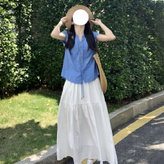 批发克莱因蓝小飞袖衬衫半身裙子套装女夏季韩系松弛感穿搭一整套长裙