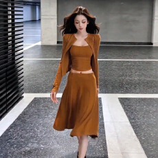 批发韩系穿搭套装裙女早秋季淡人高知收腰显瘦橘色吊带<b class='q'>半身裙</b>子一整套