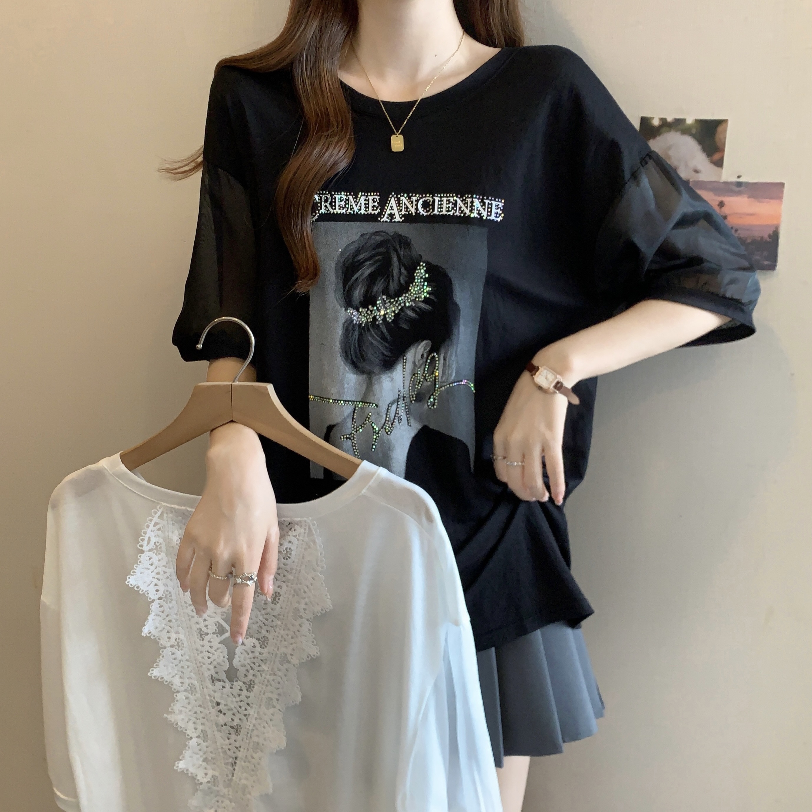 FA33562# 大码女装欧货重工烫钻字母雪纺拼接T恤胖妹妹遮肚洋气短袖 服裝批發女裝批發服飾貨源