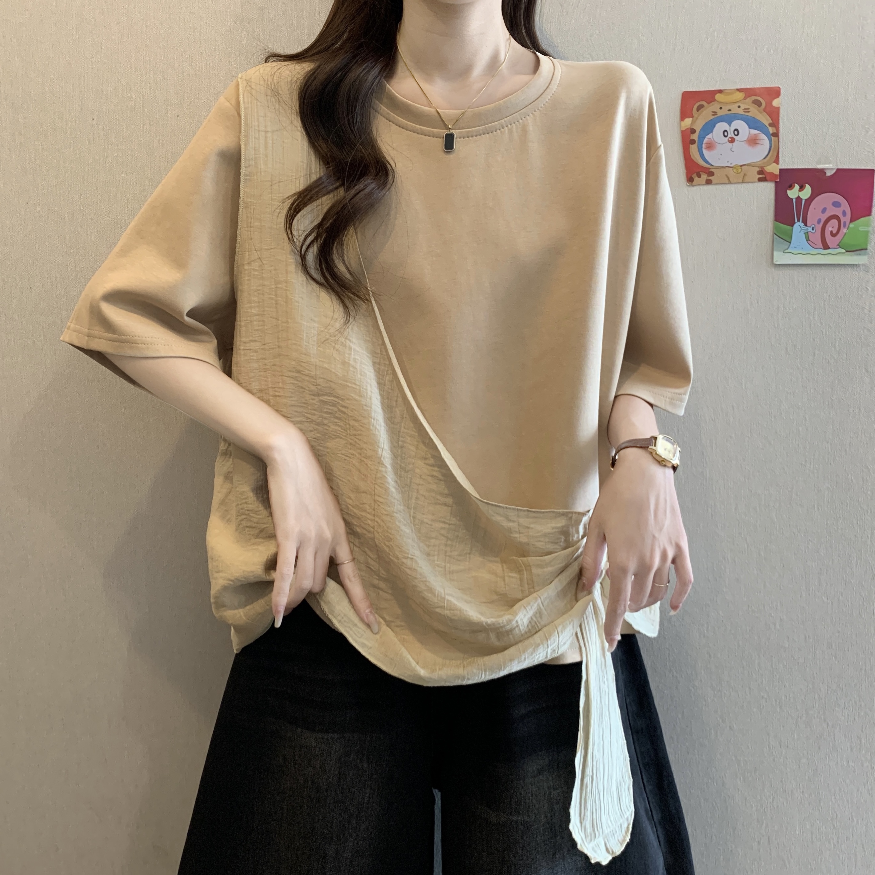 FA33561# 大码女装韩版假两件不规则短袖T恤胖妹妹遮肚显瘦休闲上衣 服裝批發女裝批發服飾貨源