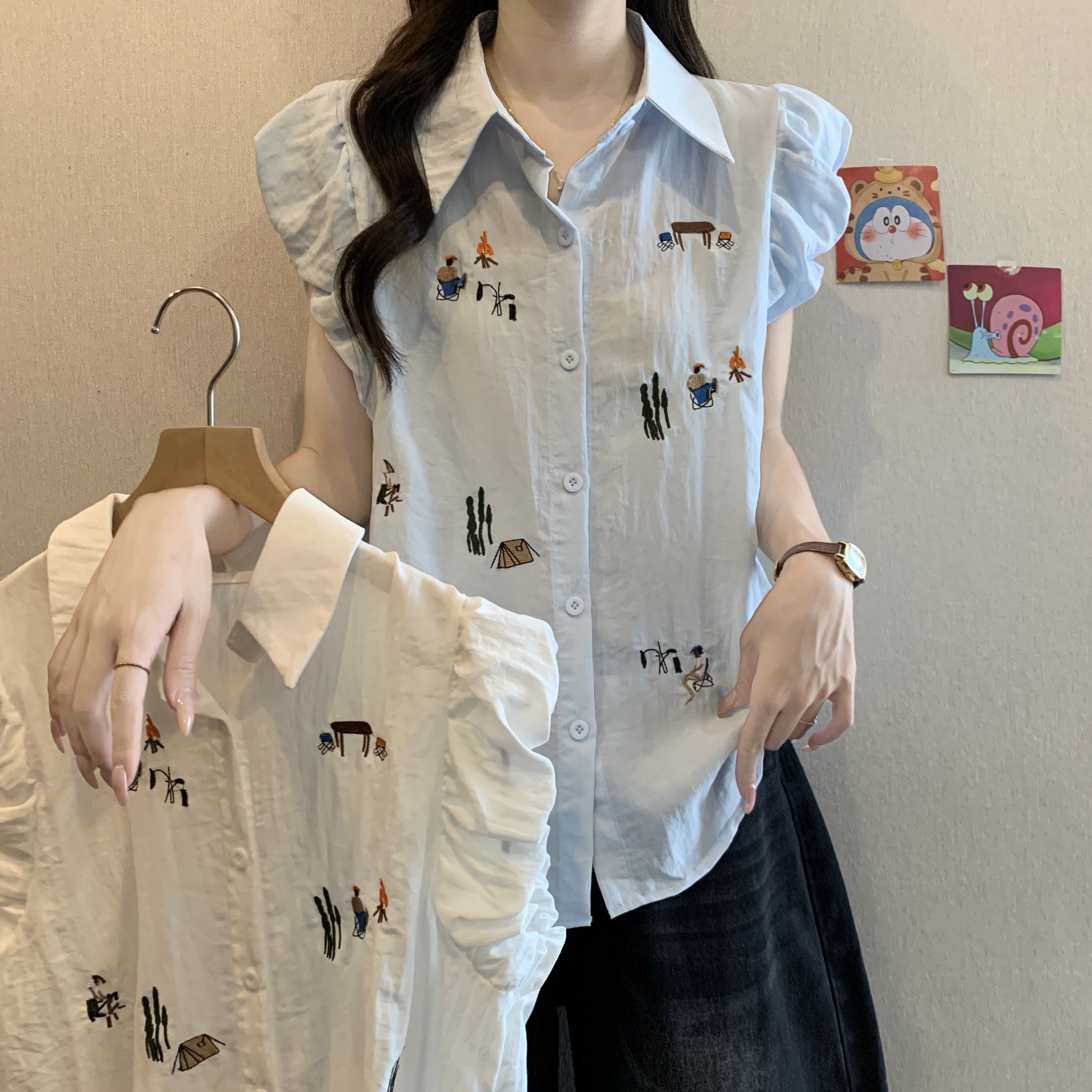 FA33560# 大码女装韩版重工刺绣百搭休闲衬衫胖妹妹遮肚洋气短袖上衣 服裝批發女裝批發服飾貨源