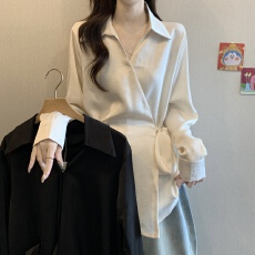 批发实拍大码女装韩版V领缎面气质百搭收腰衬衫胖妹妹遮肚洋气上衣