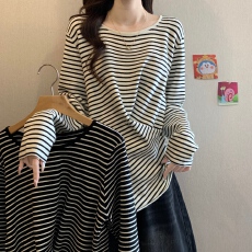 批发实拍<b class='q'>大码</b><b class='q'>女装</b>韩版条纹设计感交叉针织上衣胖妹妹收腰洋气独特毛衣