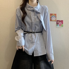 批发实拍大码女装韩版设计感格子休闲百搭衬衫胖妹妹收腰气质长袖上衣