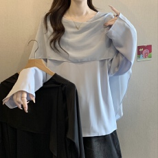 批发实拍大码女装韩版设计感飘带缎面气质衬衫胖妹妹遮肚洋气长袖上衣