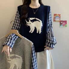 批发实拍大码女装初秋韩版格子卡通猫咪拼接毛衣胖妹妹遮肚减龄长袖