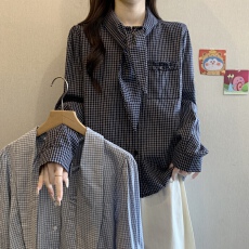 批发实拍大码女装<b class='q'>韩版</b>格子设计感百搭休闲<b class='q'>衬衫</b>胖妹妹遮肚气质长袖上衣