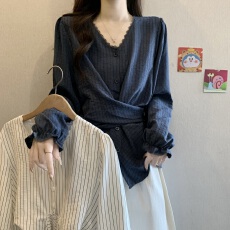 批发实拍大码女装法式蕾丝拼接条纹绑带<b class='q'>衬衫</b>胖妹妹收腰<b class='q'>韩版</b>长袖上衣