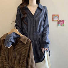 批发实拍大码复古条纹V领正肩收腰系带衬衫胖妹妹显瘦遮肚长袖上衣