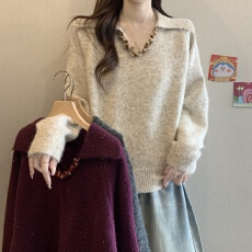 批发实拍大码女装法式复古重工亮片毛衣胖妹妹遮肚慵懒高级针织上衣