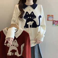 实拍大码女装韩版Pplo领卡通小猫红色毛衣胖妹妹遮肚洋气针织上衣