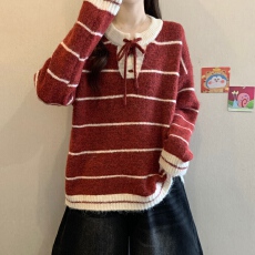 实拍大码韩版减龄撞色条纹系带休闲百搭毛衣胖妹妹红色针织上衣