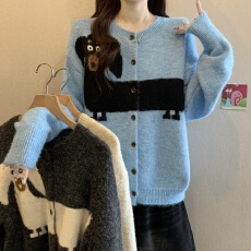 实拍大码女装秋冬新款韩版卡通小狗休闲套头毛衣胖妹妹遮肚针织衫