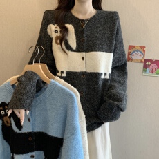 实拍大码女装秋冬新款韩版卡通小狗休闲套头毛衣胖妹妹遮肚针织衫