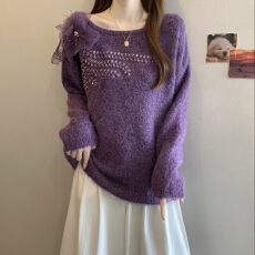 批发实拍大码女装氛围感紫色重工钉珠花朵百搭毛衣<b class='q'>胖妹妹</b>遮肚针织上衣