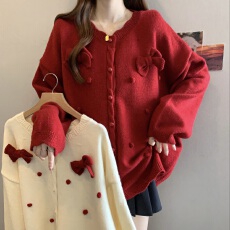 批发实拍大码红色氛围感重工立体蝴蝶结原点毛衣开衫<b class='q'>胖妹妹</b>遮肚外套