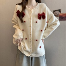 批发实拍大码红色氛围感重工立体蝴蝶结原点毛衣开衫<b class='q'>胖妹妹</b>遮肚外套