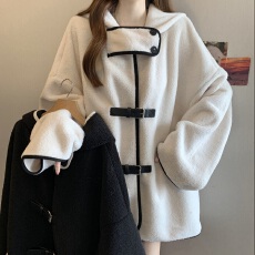 批发实拍大码女装韩版连帽羊羔毛宽松皮扣外套<b class='q'>胖妹妹</b>遮肚中长款上衣