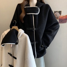 批发实拍大码女装韩版连帽羊羔毛宽松皮扣外套<b class='q'>胖妹妹</b>遮肚中长款上衣