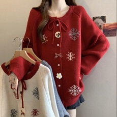 批发实拍大码红色慵懒雪花撞色系带毛衣外套<b class='q'>胖妹妹</b>遮肚花朵针织上衣