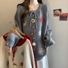 批发实拍大码红色慵懒雪花撞色系带毛衣外套<b class='q'>胖妹妹</b>遮肚花朵针织上衣