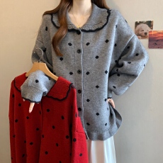 批发实拍大码红色圆点翻领木耳边设计感宽松毛衣<b class='q'>胖妹妹</b>遮肚针织上衣