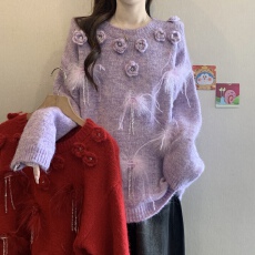 批发实拍大码女装氛围重工钉珠立体花朵设计感毛衣<b class='q'>胖妹妹</b>遮肚针织上衣