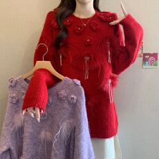 批发实拍大码女装氛围重工钉珠立体花朵设计感毛衣<b class='q'>胖妹妹</b>遮肚针织上衣