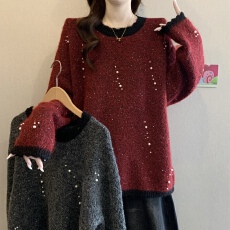 批发实拍大码女装韩版撞色重工钉珠亮片毛衣胖妹妹休闲遮肚针织上衣